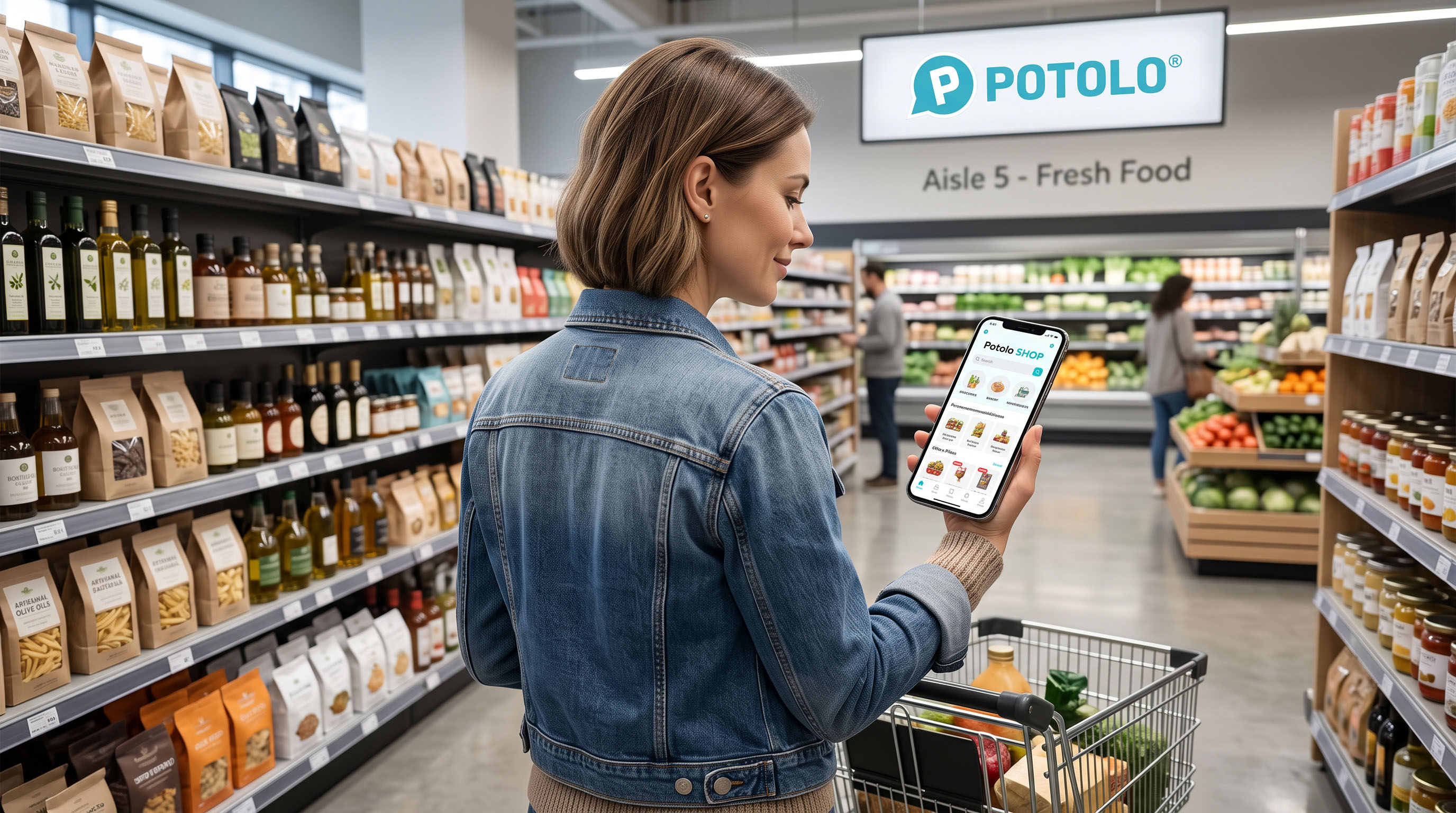 Shopper using the Potolo Shop app in a local store aisle